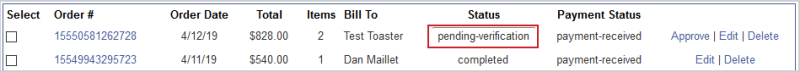 The pending-verification status for an order