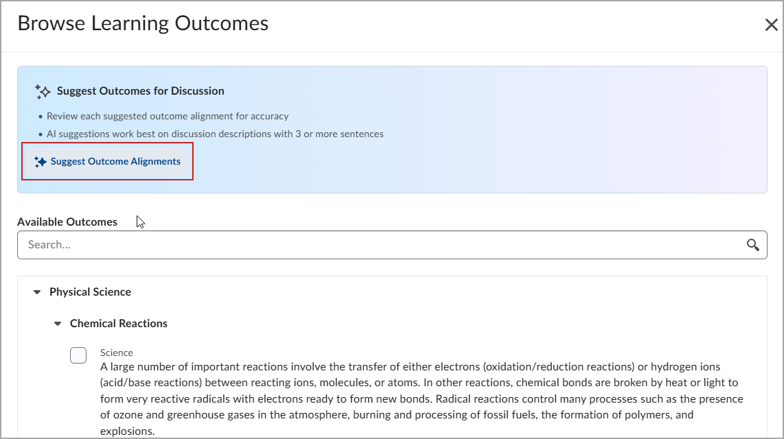 A tela de Procurar Resultados de Aprendizagem com o link de Sugerir Alinhamentos de Resultados realçado.