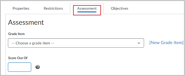 The Grade Item section of the Assessment tab.