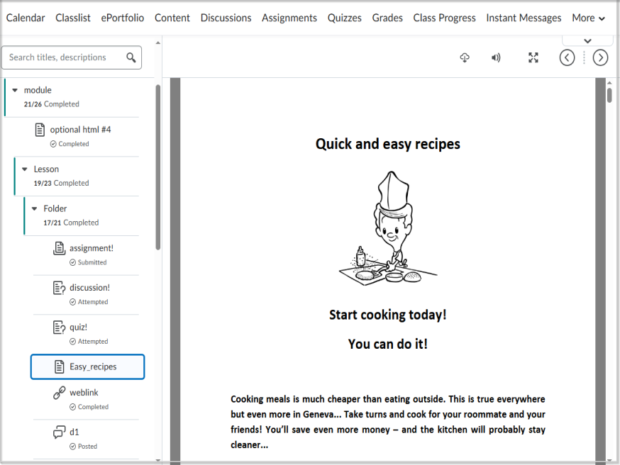 A view of the New Content Experience, or Lessons, showing the course table of contents with progress indicators and topic checkmarks
