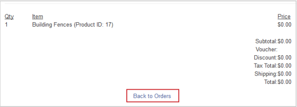 The Back to Orders link at the bottom of an invoice