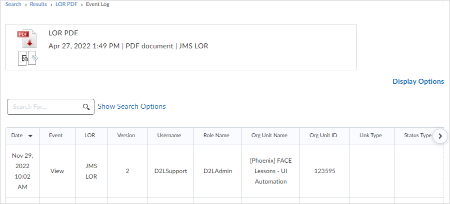 An image of the Event Log page for a learning object.