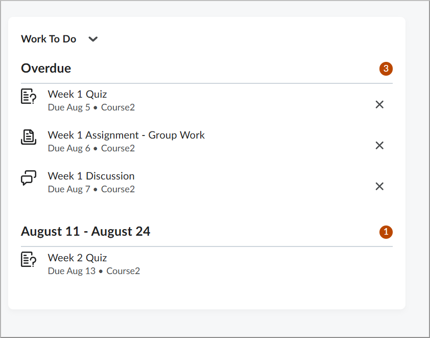 The Work To Do widget showing a dismiss icon next to an overdue activity.