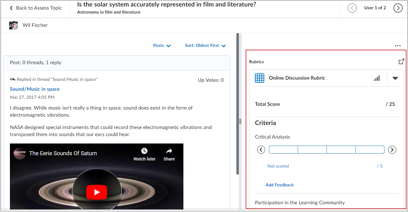 The grade item (in this example, a discussion submission) appears with the rubric collapsed on the right. Click the arrow beside the rubric name to expand the rubric assessment area.