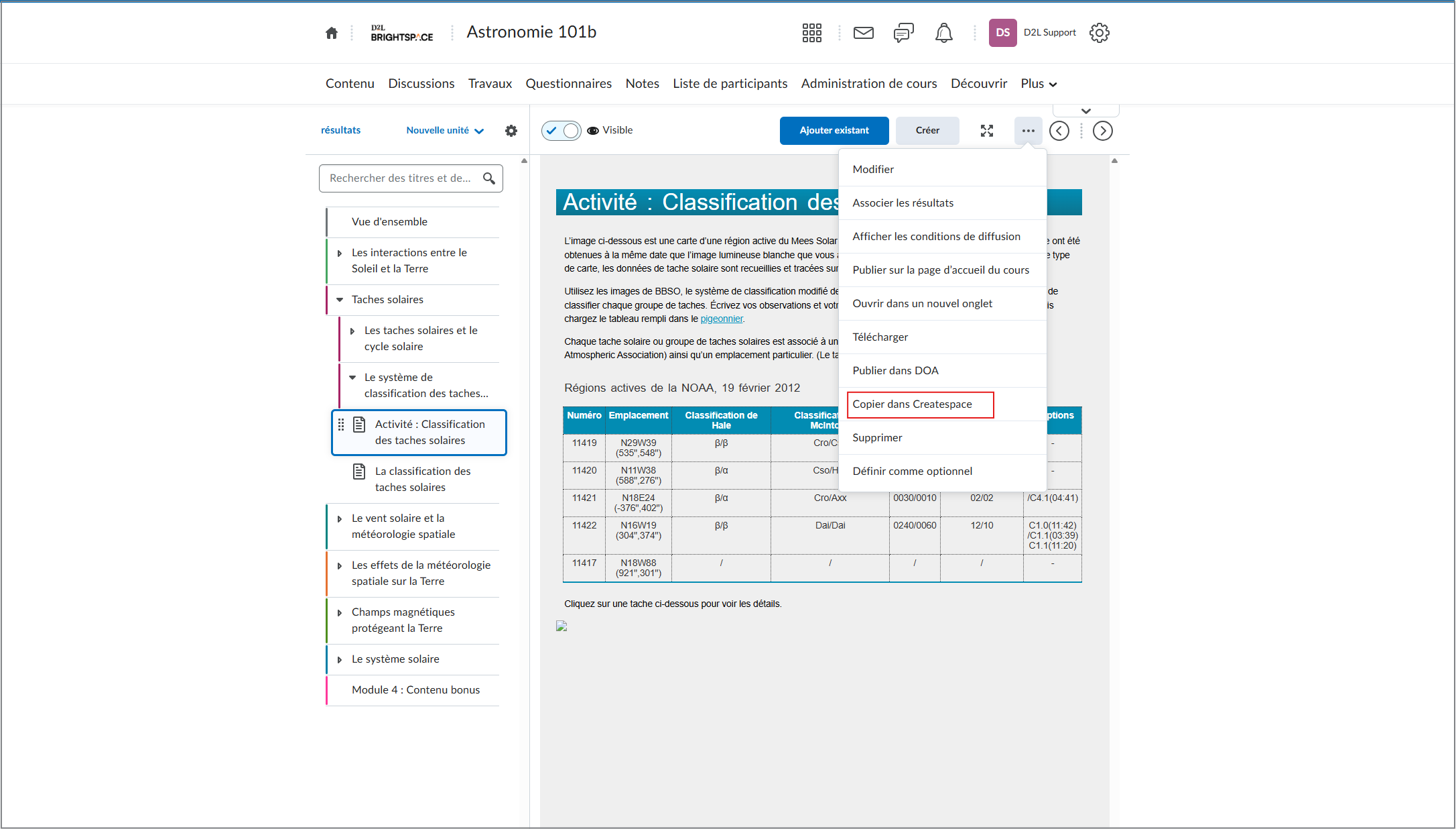 L’option Copier dans CreateSpace du menu d’actions du sujet de l’outil Contenu.