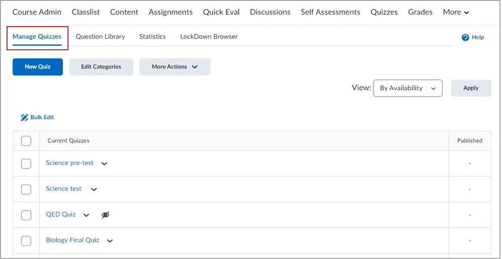 The Manage Quizzes tab of the Quiz tool, displaying a list of current quizzes.