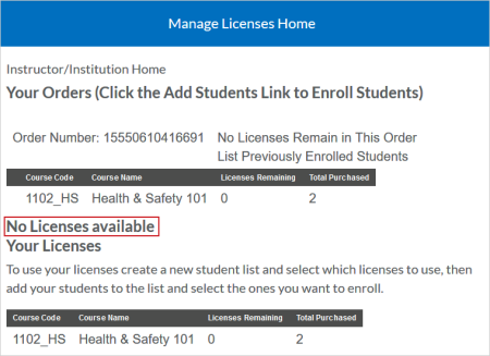 The Manage Licenses Home page showing no licenses available for an order