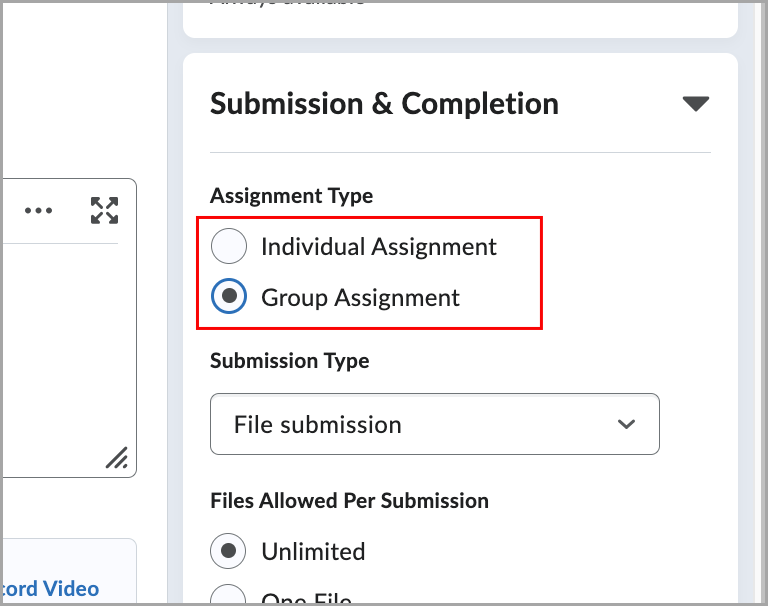Configurações de atividade mostrando a seção Tipo de Atividade com Atividade em Grupo selecionada em Envio e Conclusão.