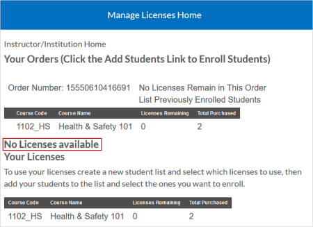 La page d'accueil de Gestion des licences indiquant qu’une commande ne contient plus de licence.