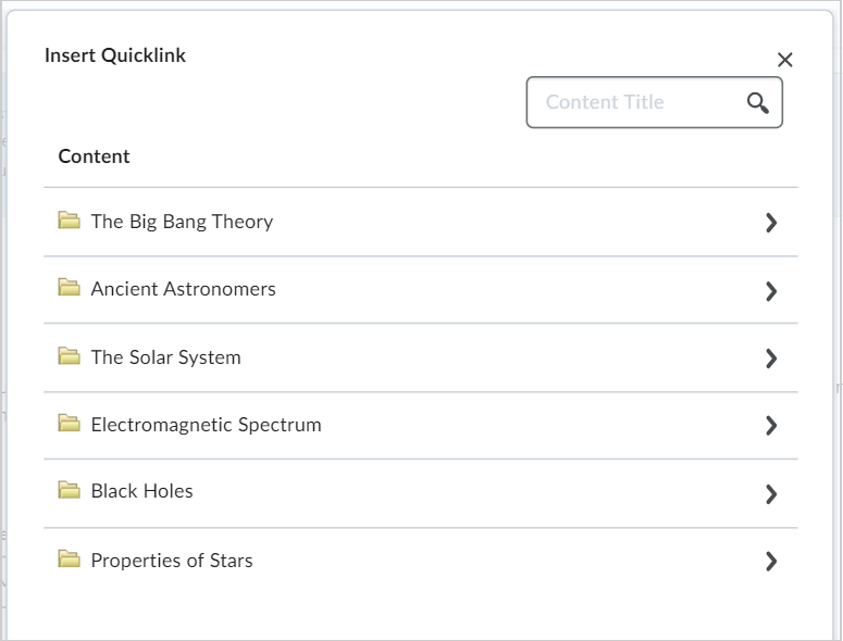 Content modules and topics in the Insert Quicklink dialog