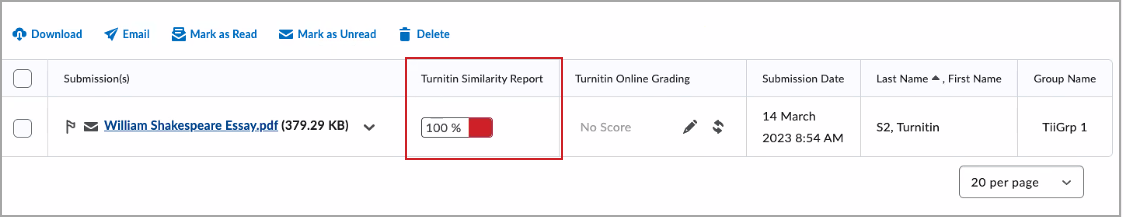 The Similarity Report for an assigmment, indicating the percentage that it is similar to previously published content.