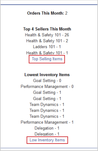 A list showing the monthly top sellers and monthly lowest inventory items