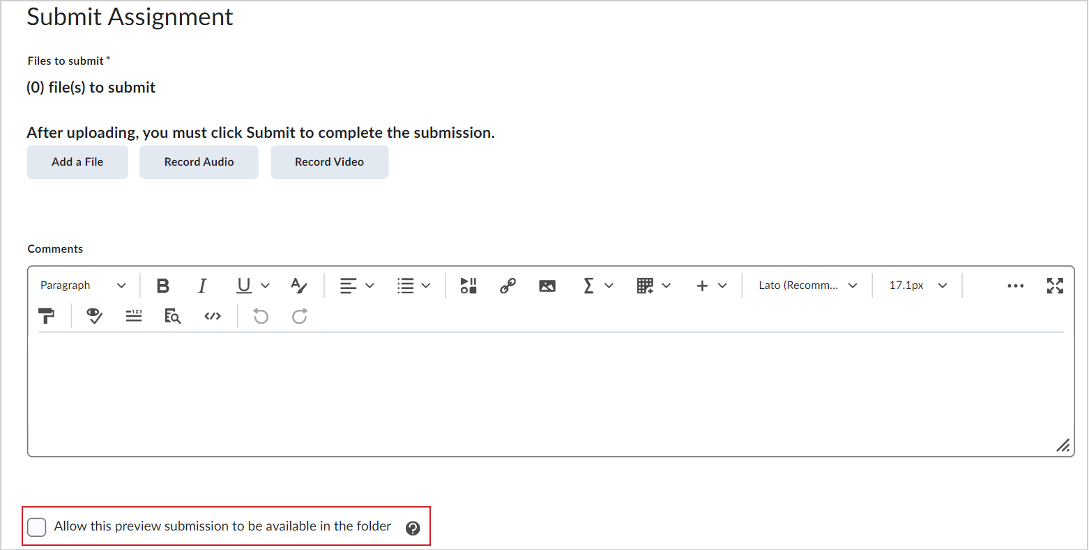 The Submit Assignment page showing the options for adding a file and the checkbox for the option Allow this preview submission to be available in the folder.