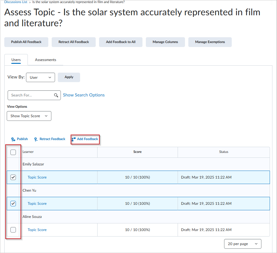 Assess Topic page in Brightspace with selected learners and 'Add Feedback' button highlighted.