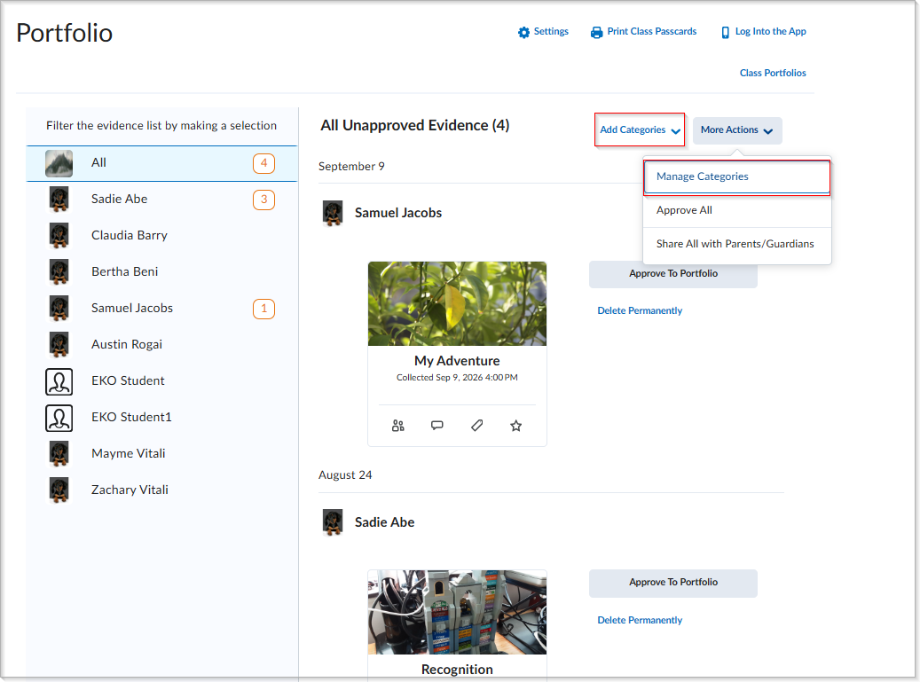 The updated All Unapproved Evidence page showing the renamed Add Categories action.