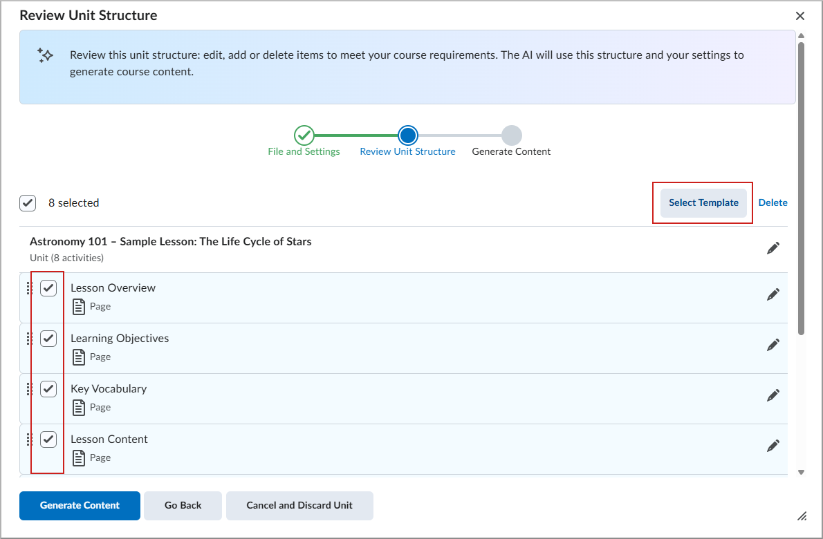 The Review Unit Structure page with Select Template highlighted.