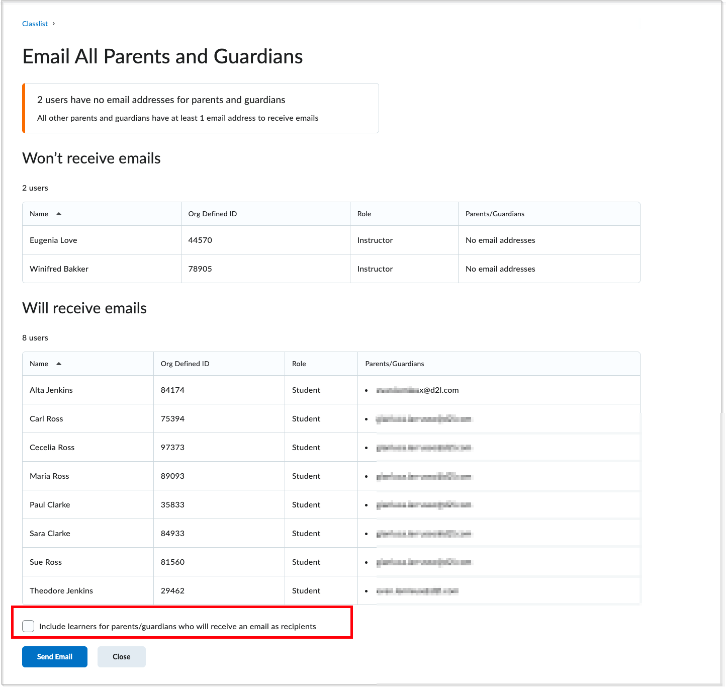 Casilla de verificación no seleccionada para incluir a los estudiantes como destinatarios en la página Enviar correo electrónico a todos los padres y tutores