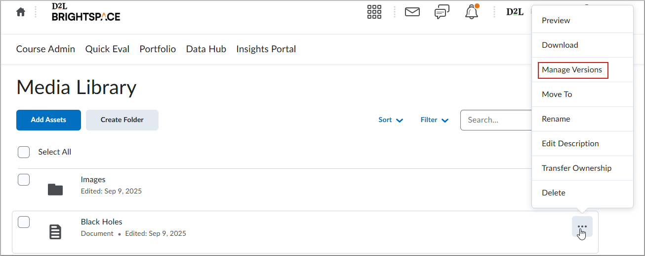Manage Versions screen with Manage Versions  highlighted.