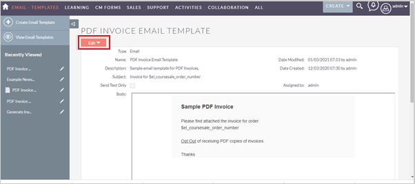 De knop Bewerken voor een e-mailsjabloon PDF-factuur