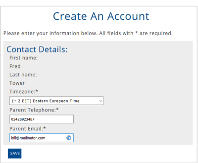 The Create An Account page with the Contact Details fields