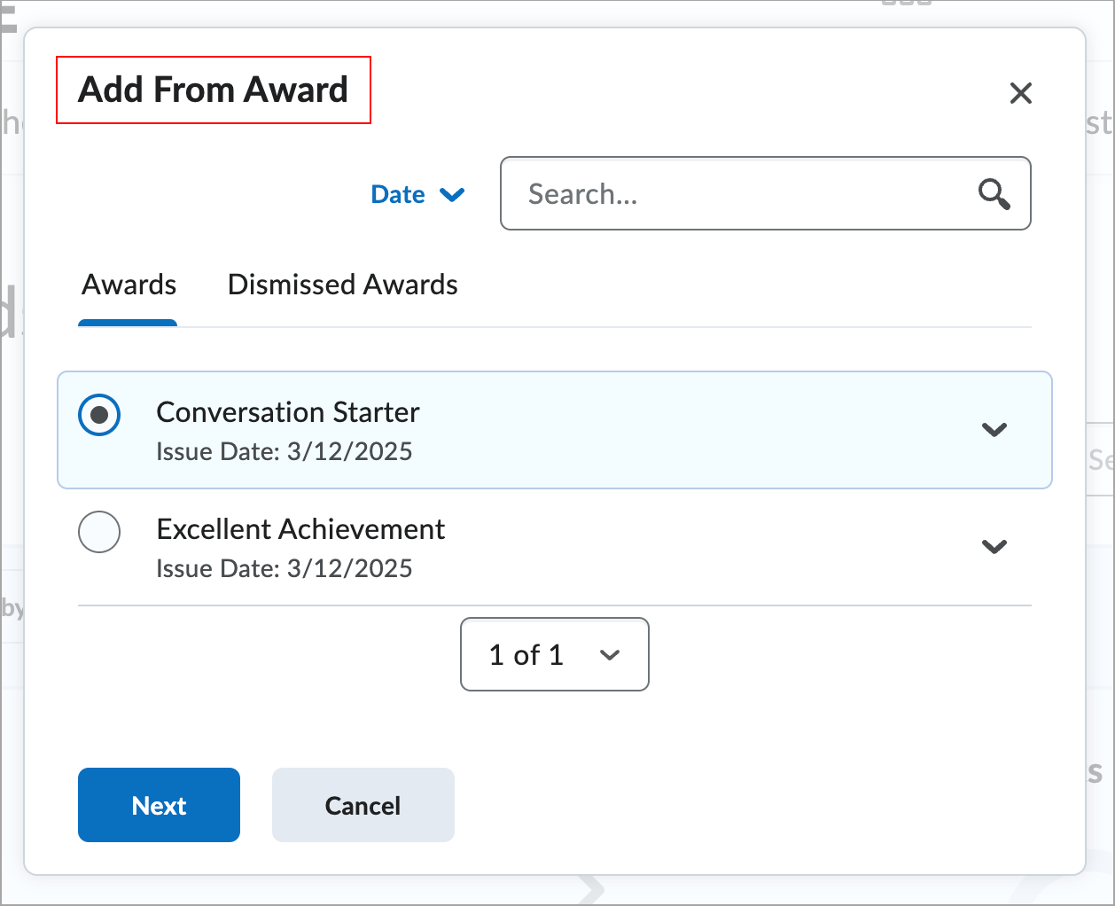 Add From Award dialog showing a list of awards with selection and search options