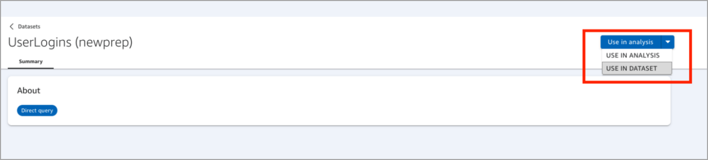Página de resumo do conjunto de dados do Construtor de Analíticos para logins de usuário (newprep) mostrando o menu suspenso Uso na análise com as opções Uso na análise e Uso no conjunto de dados
