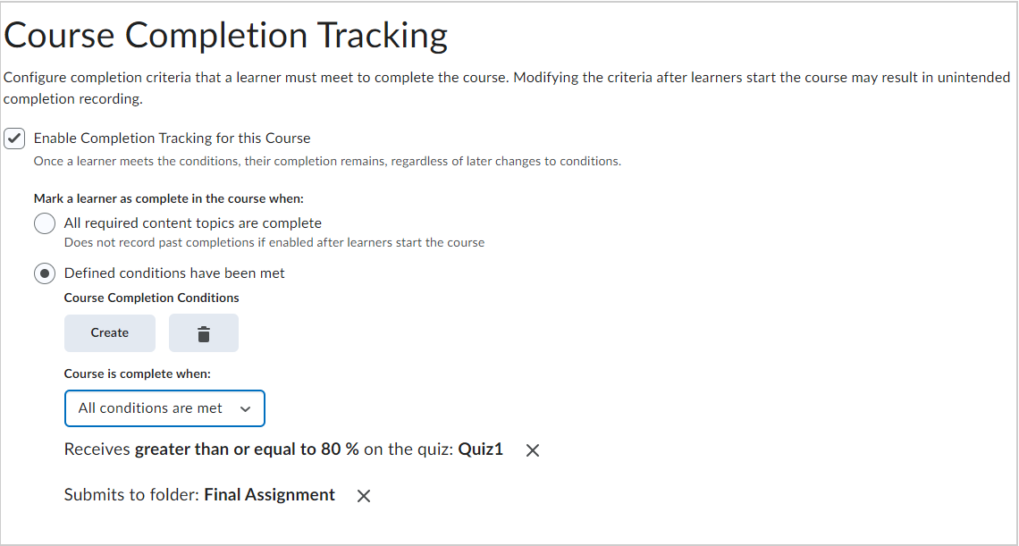 The Course Completion Tracking page showing release condition-based completion conditions