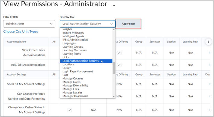 Figure: Select Local Authentication Security from the Filter by Tool drop-down and click Apply Filter.