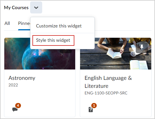 The Style this widget option in the My Courses widget context menu