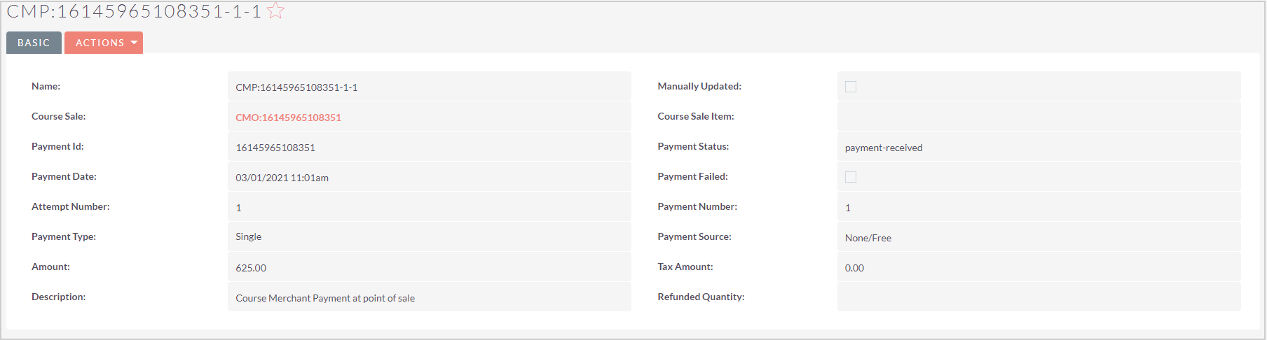 An example of a basic record for a Course Sale Payment