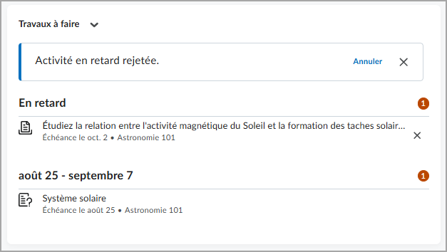 Le composant graphique Tâches, qui affiche l'option Annuler lorsqu'une activité en retard est ignorée.