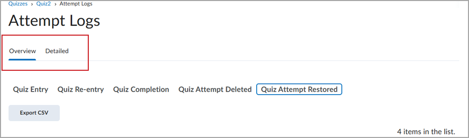 The Overview and Detailed tabs on the Attempt Logs page are outlined in red for emphasis