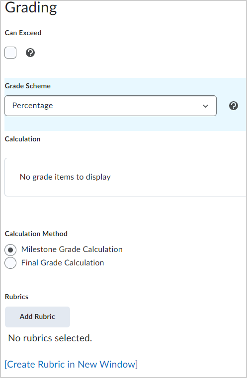 The Grading area for a calculated grade item.