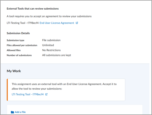 Atribuição acessada por meio de Lições que mostram as informações do EULA do processador na área Instruções e como um alerta em linha.