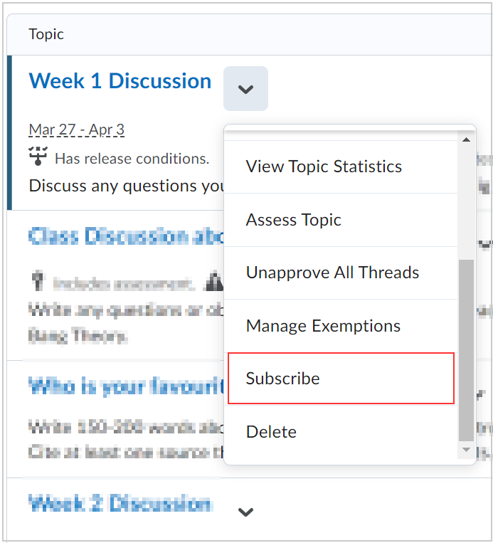 The Actions menu for a discussion topic showing the Subscribe option.