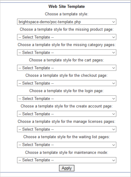 The Web Site Template menu showing all the options for customizing templates