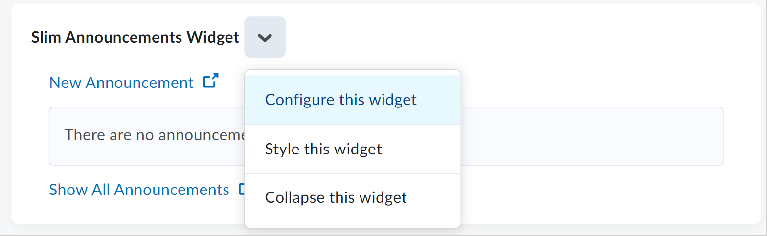 The Slim Announcements widget context menu showing the Configure this widget option