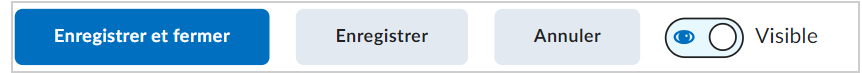 Le bouton d’activation et de désactivation de la Visibilité ainsi que les options Enregistrer et Enregistrer et Fermer.