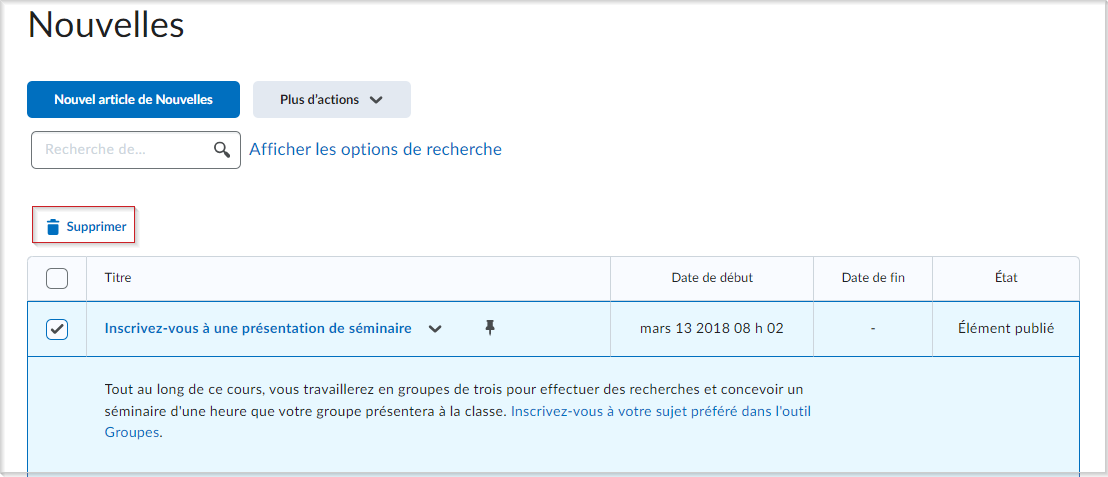 Le bouton Supprimer de la page Nouvelles.