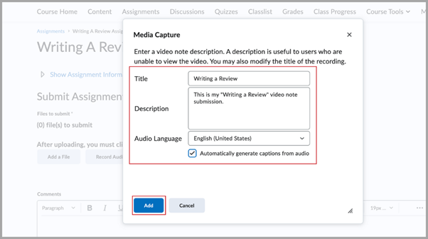 The Media Capture dialog showing the Title, Description, and Audio Language fields with the Add option highlighted