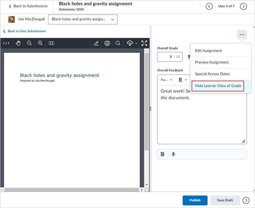 The Hide Learner View of Grade option of the Evaluation Options menu.