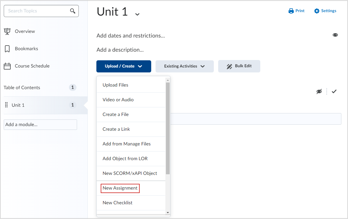 Figure - The New Assignment option of the Upload Create button.