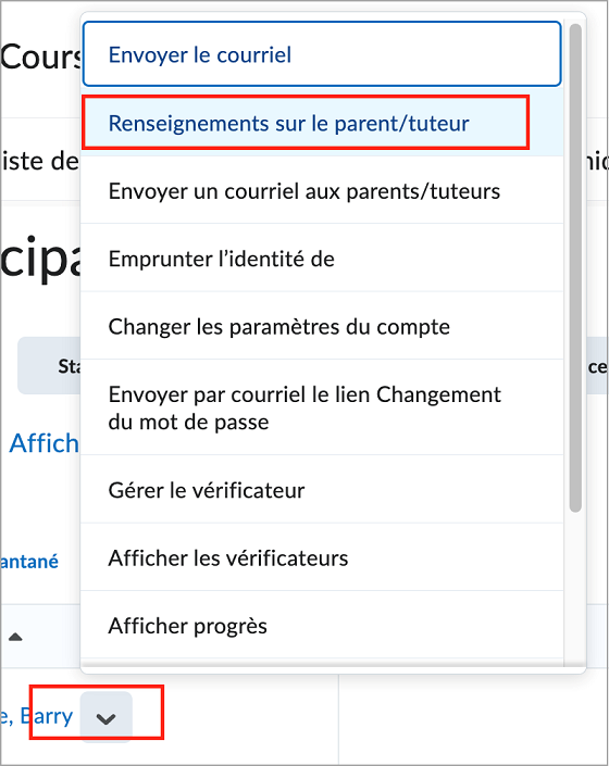 L’information sur le parent ou le tuteur s’affiche dans le menu déroulant à côté du nom de l’étudiant dans la liste de participants.