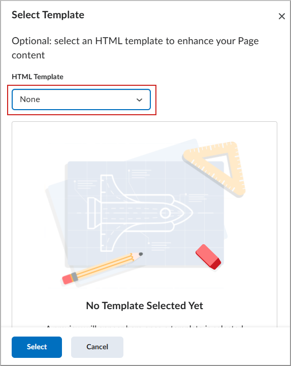 Boîte de dialogue Sélectionner un modèle affichant la liste déroulante Modèle HTML surlignée.