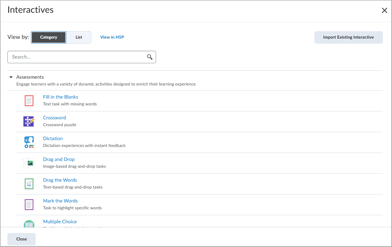 Tela de interativos com todas as diferentes categorias de Interativos H5P.