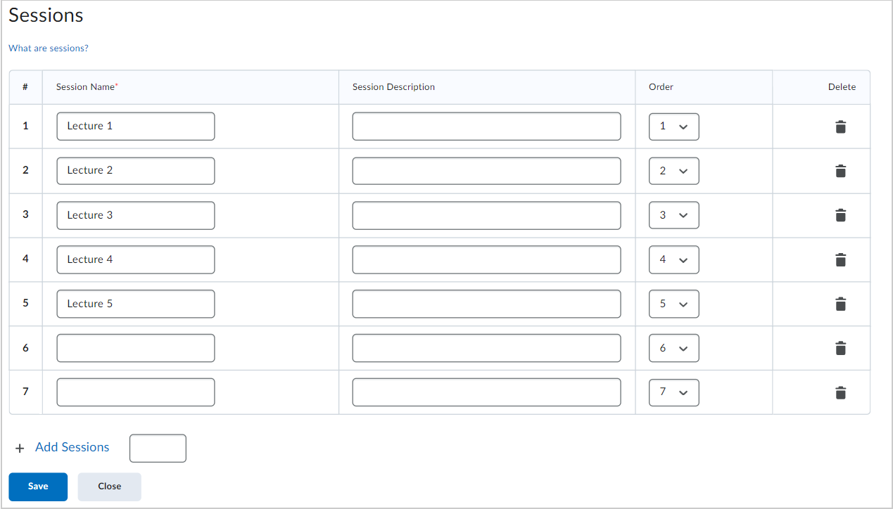 The Sessions section showing two newly-added sections without session names.