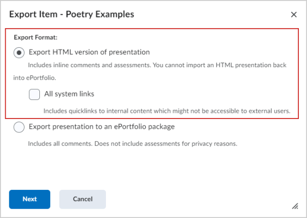 The Export Item dialog with Export HTML version of presentation selected.