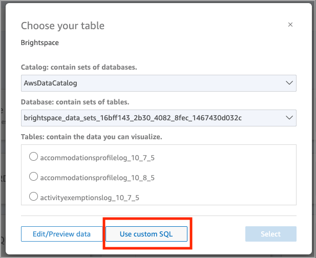 The Choose Your Table popup has a dropdown menu to select a Catalog, a dropdown menu to select a Database, and radio buttons to select a Table. The three table options are named accommodationsprofilelog-10_7_5, accommodationsprofilelog-10_8_5, and activityexemptionslog-10_7_5. The three buttons at the bottom are Edit/Preview Data, Use Custom SQL, and Select.