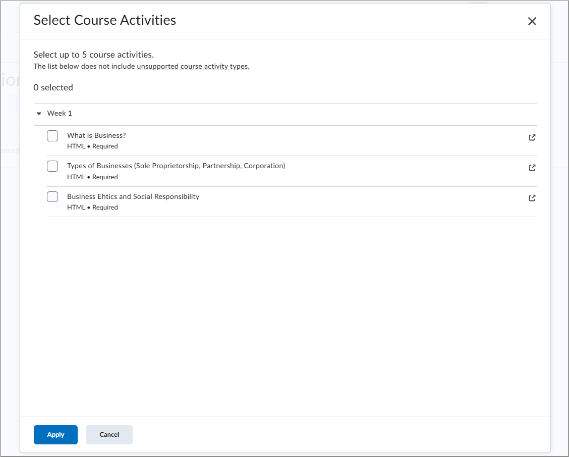 Select Course Activities dialog listing business-related HTML topics with checkboxes and Apply button.