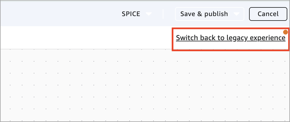 The Switch Back To Legacy Experience link in Analytics Builder appears below the Cancel button.